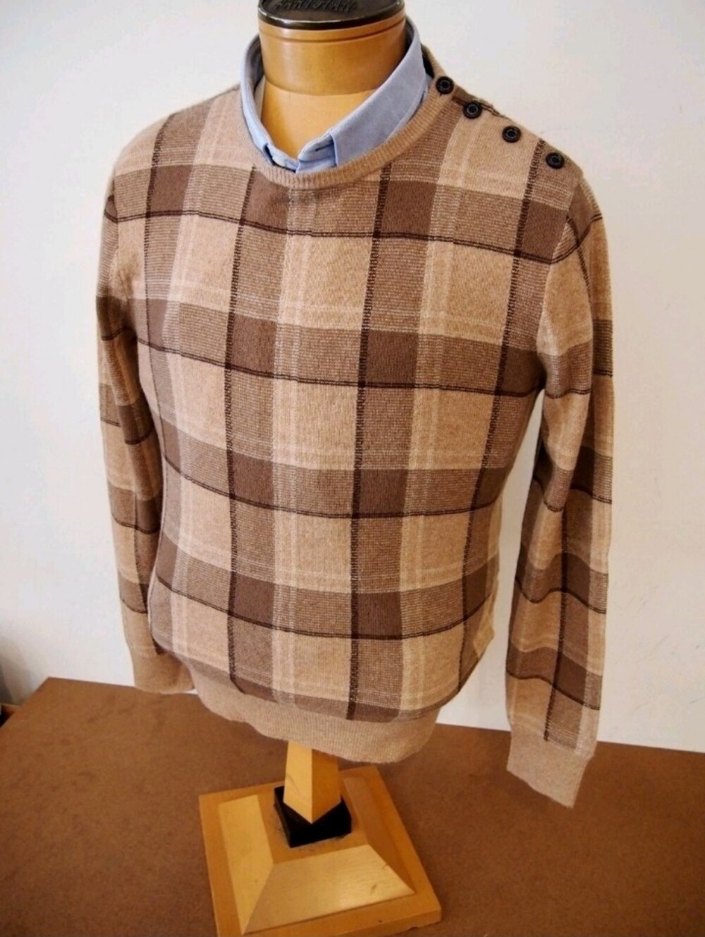 Ralph Lauren Purple Label: Men's Beige and Brown Plaid Crewneck Sweater